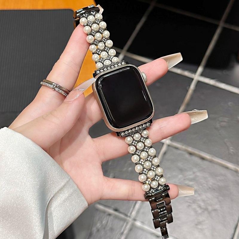 Металлический ремешок с жемчугом для Apple Watch Band 49 46 45 44 42 41 40 38 мм Женские украшения Бриллиантовый браслет Correa для iWatch S10 9 8 7 6 SE