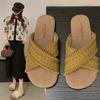 Super soft ethnic woven cross-belt flat-bottomed beach slippers outer wear 2025 new soft-bottomed seaside sandals women