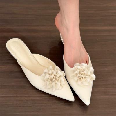 Баотоу атласные французские абрикосовые каблуки 2025 тапочки фея полутолстый темперамент весенне-летняя обувь цветы