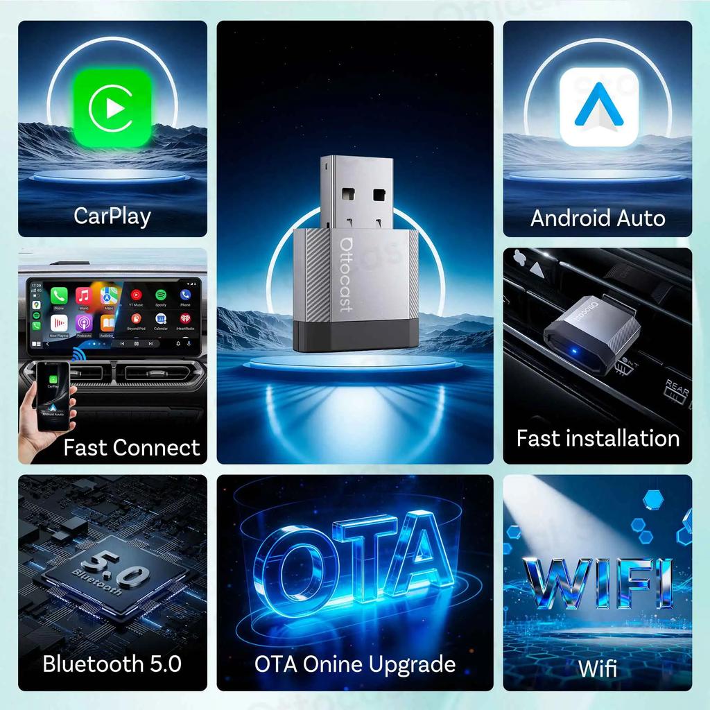 Беспроводной адаптер Ottocast Mini Nova CarPlay Android Auto Bluetooth WiFi USB-донгл Куб 3.0 для Nissan Ford Renault Mazda VW Ben