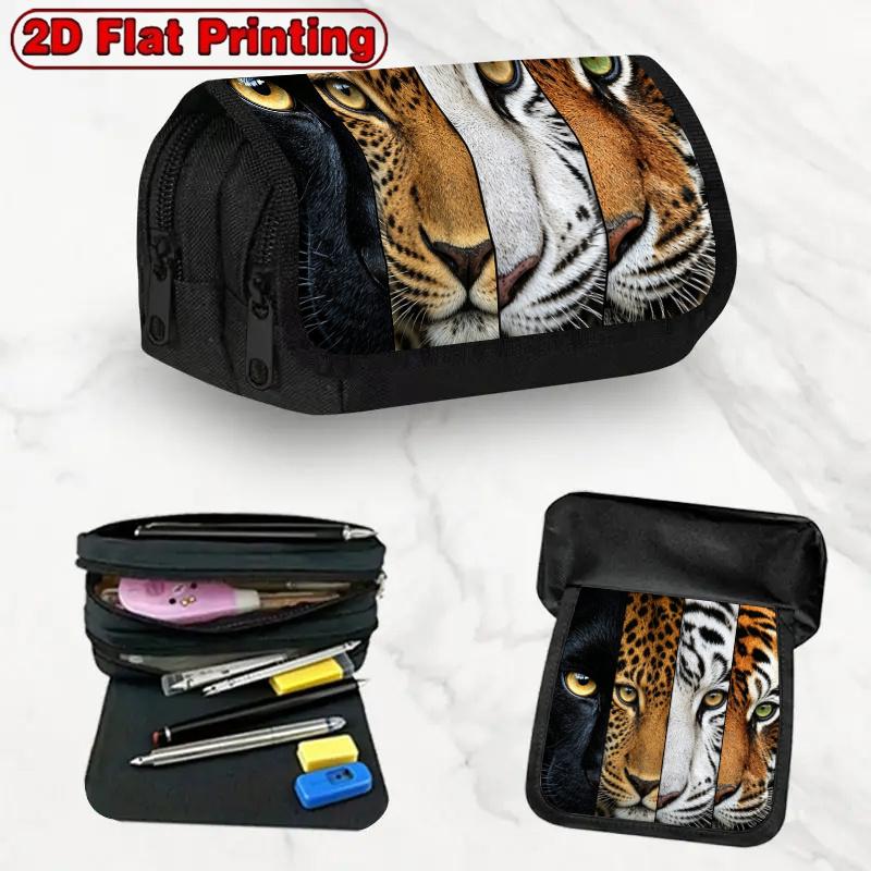 2D Flat Printing 1pc Wildcat Pattern Design Double Layer Flip Pencil Case - Multi-Layer Flip Cover Design, Zipper Closure, Storage Bag, Organizer for