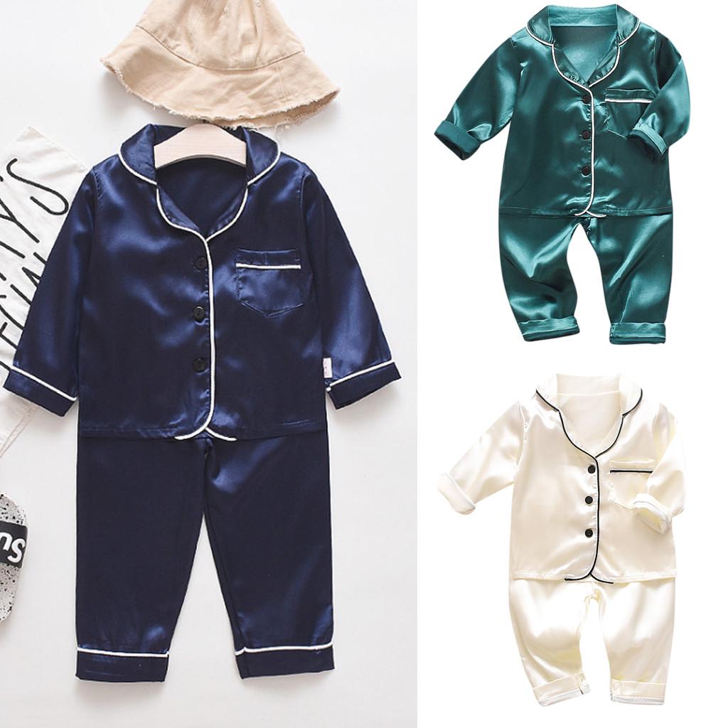 Toddler Baby Boys Long Sleeve Solid Tops+Pants Pajamas Sleepwear Outfits