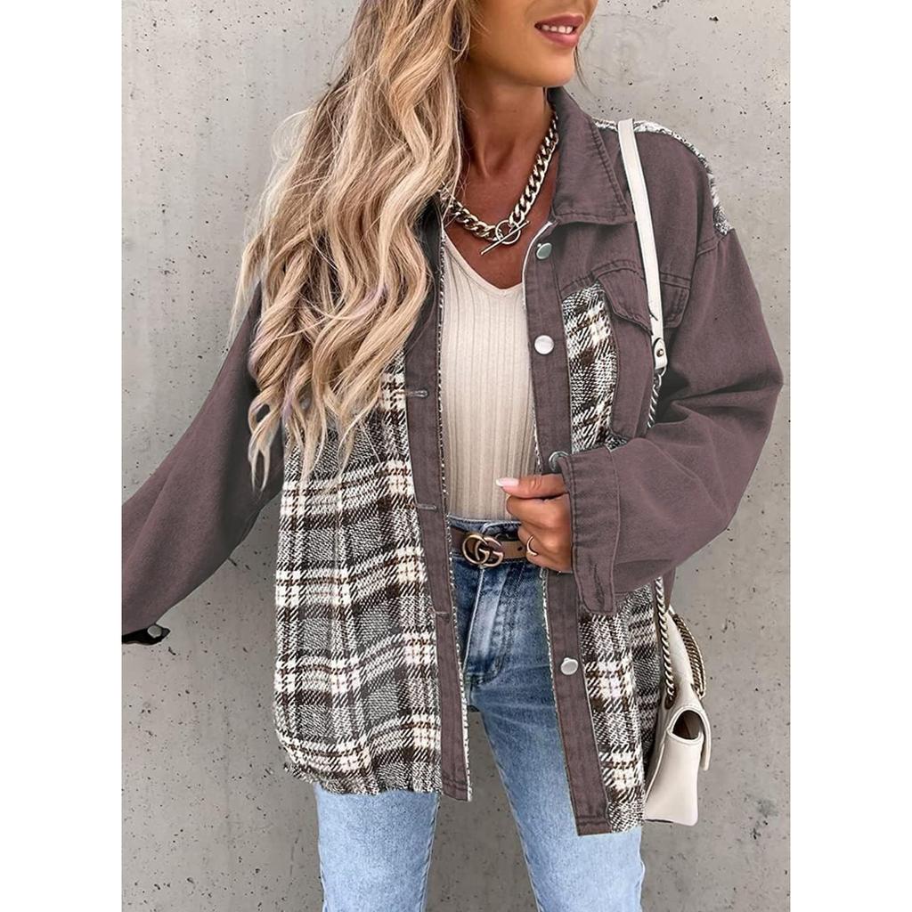 Denim Jacket, Long Sleeved, Checkered, Button Up, Shirt, Jacket Top