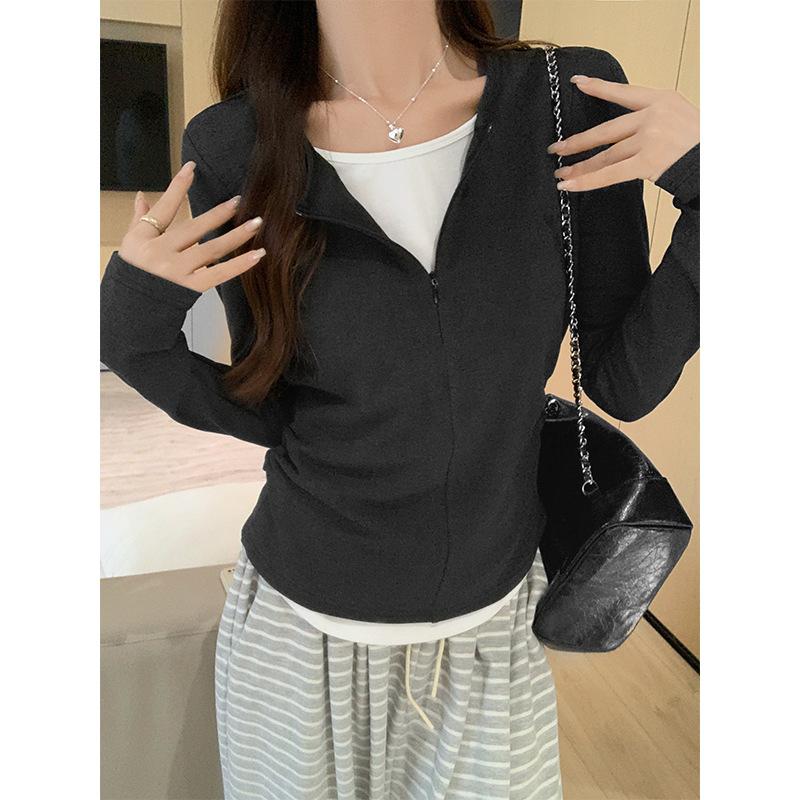 Черная контрастная поддельная футболка из двух частей с длинными рукавами для женщин на осень с полумолнией, уникальный нишевый топ