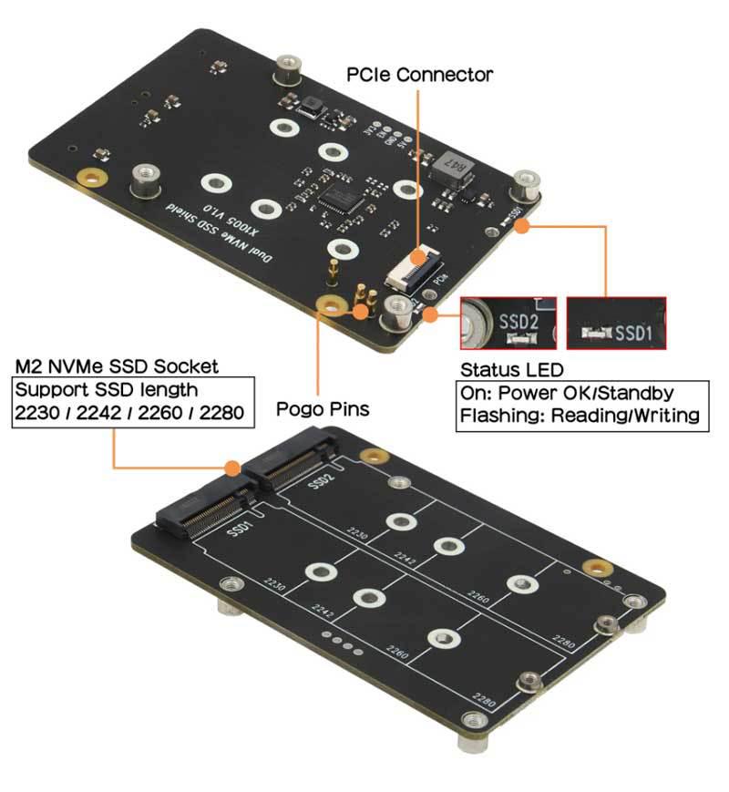 Адаптер X1005 PCIe to M.2 NVMe Dual SSD для Raspberry Pi 5 — поддерживает размеры SSD 2230/2242/2260/2280