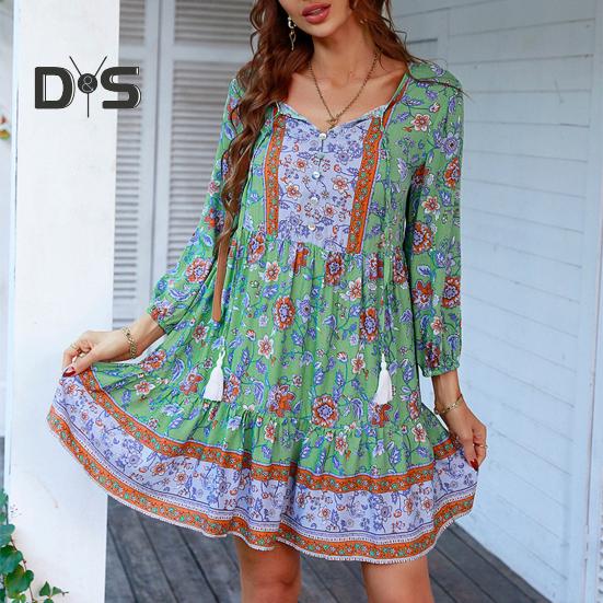 Женское платье в стиле бохо с цветочным принтом, повседневное, с длинным рукавом, струящееся, короткое, свободное, с V-образным вырезом, на пуговицах, платье А-силуэта, мини-пляжное платье-сарафан