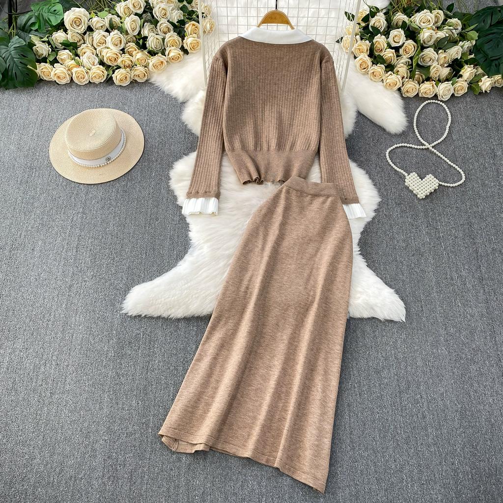 Autumn Winter Women Casual Knitted Sweater Two Piece Set Polo Collar Single Breasted Cardigans Tops and Long Maxi Skirt Suit