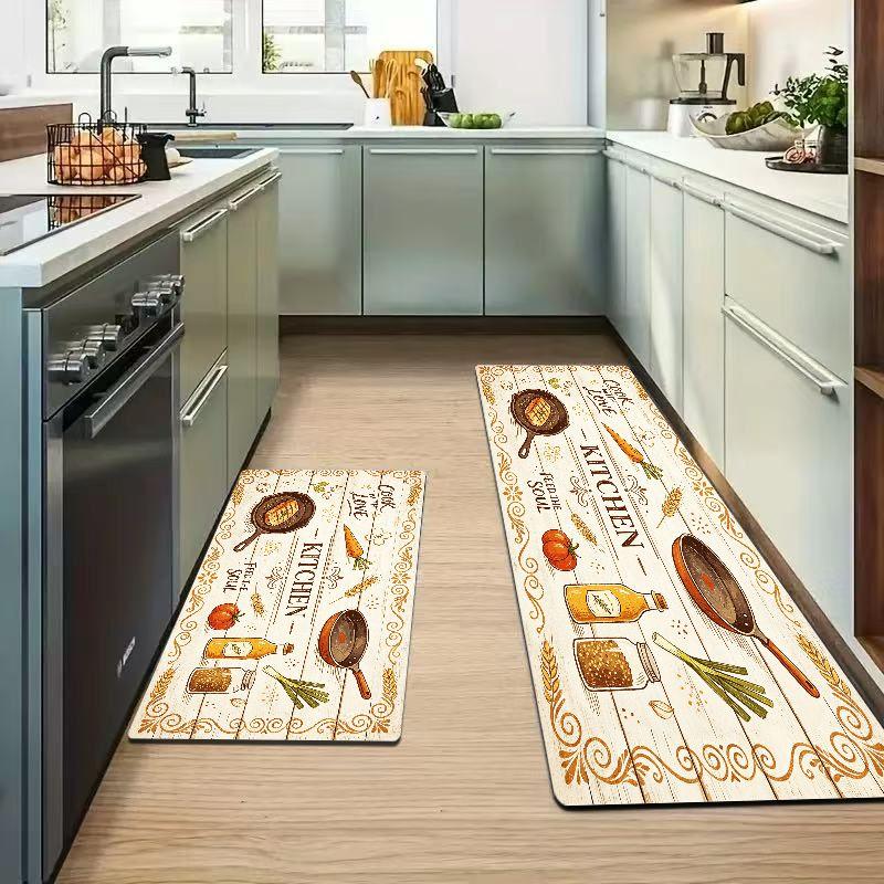 Simple Black Background Kitchen Sketch Floor Mat Set Durable Thin Waterproof Long Carpet Kitchen Home Decor