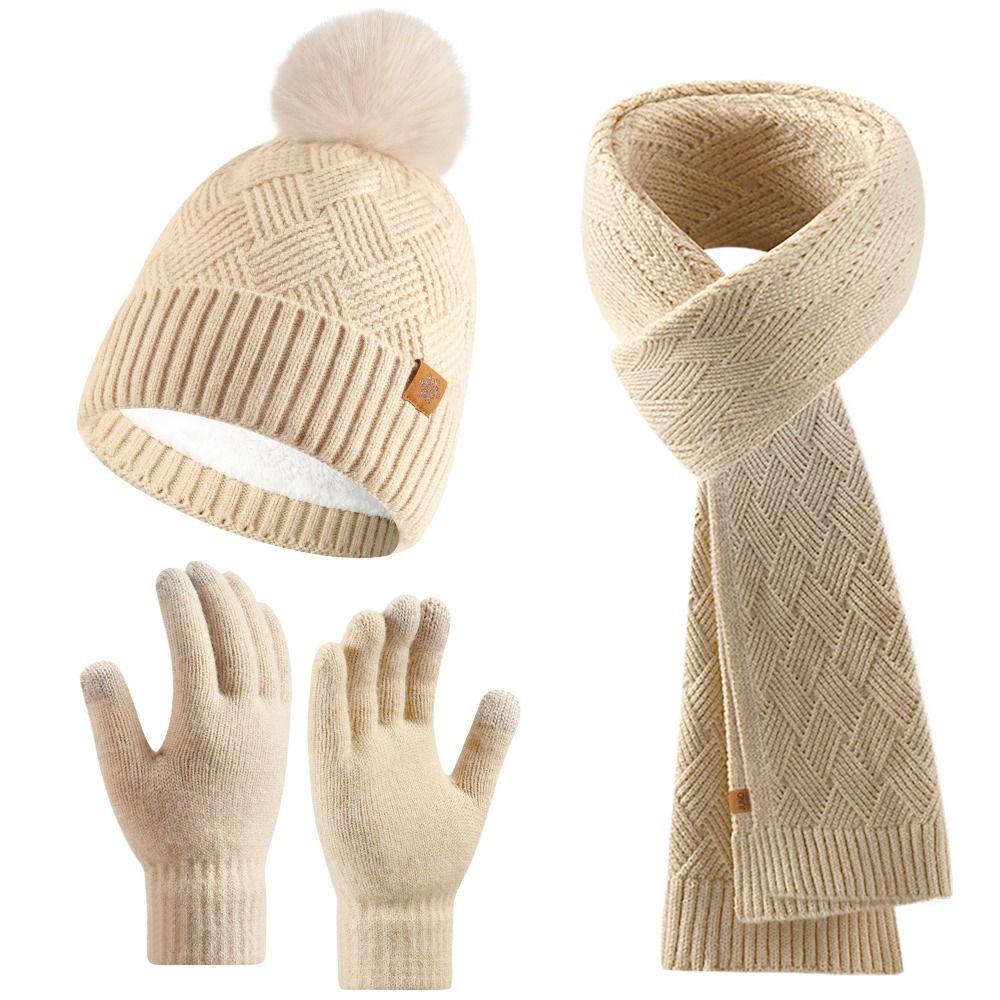 3pcs Wool Hat Scarf Gloves Set Solid Color Winter Beanie Hat Neck Warmer Thermal Knit Cap Winter