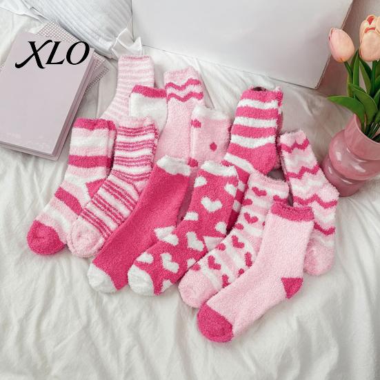 Mid Tube Sleep Socks 1 Pair Women Fuzzy for Valentine's Day, Warm Fluffy Coral Fleece Love Pattern Slipper Socks, Fall Winter Thick Sleeping