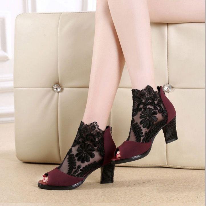 Women's Fashion Hollow-out Zipper Thick Heel Shoes Mesh Coarse Heels Lace Fish Mouth Sandals