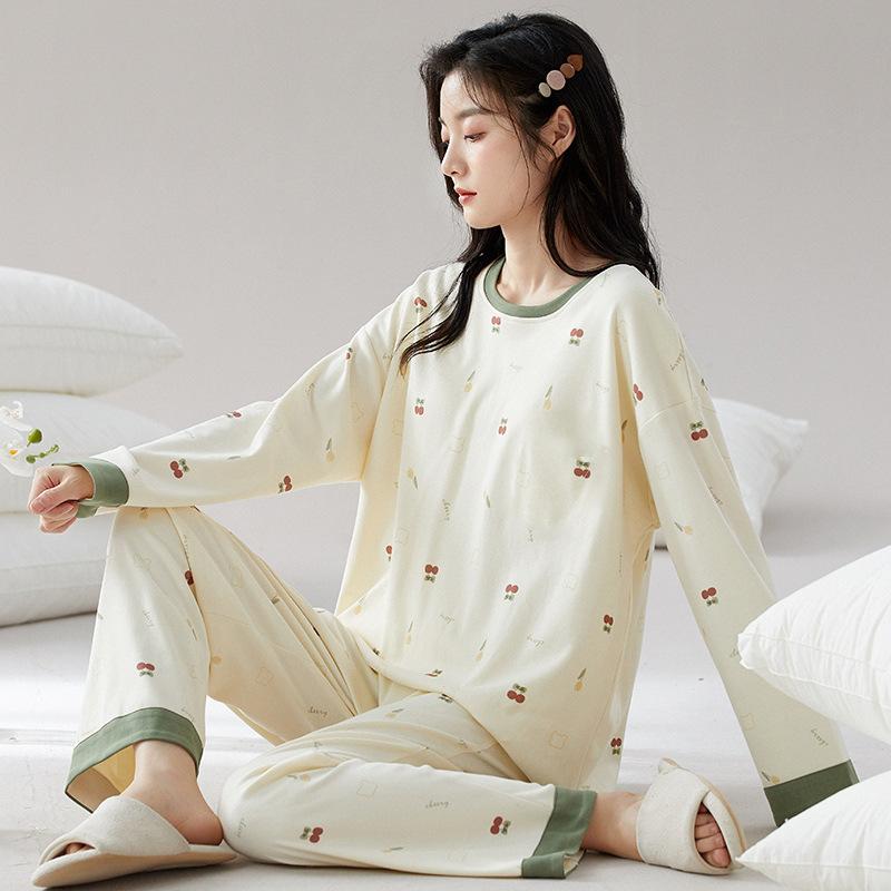 Ladies Pajamas Two-Piece Spring And Autumn Pajamas Female Long-Sleeved Cute Cartoon Loose College Style Homewear Female Suit