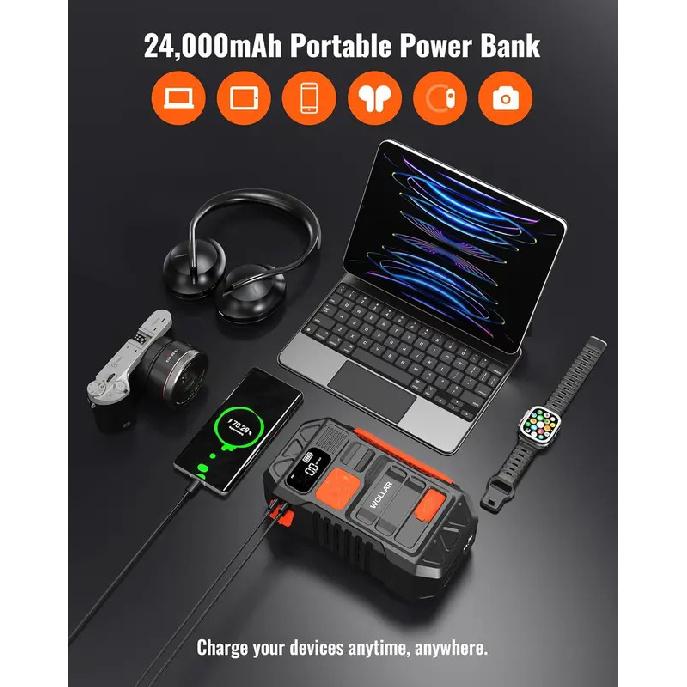 Пуско-зарядное устройство 4000А с компрессором 160 PSI, Power Bank 24000 мАч для автомобилей и шин