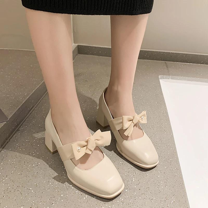 Fashion Mary Jane Woman Footwear Bride Square Toe with Bow Block Heel Shoes for Women Japanese Style Lolita Creamy-white Gothic Trend 40