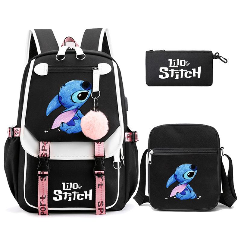 Cute Cartoon Print Backpack Set for Teens Students 3-Piece Set Laptop Bag Pencil Case Crossbody Bag