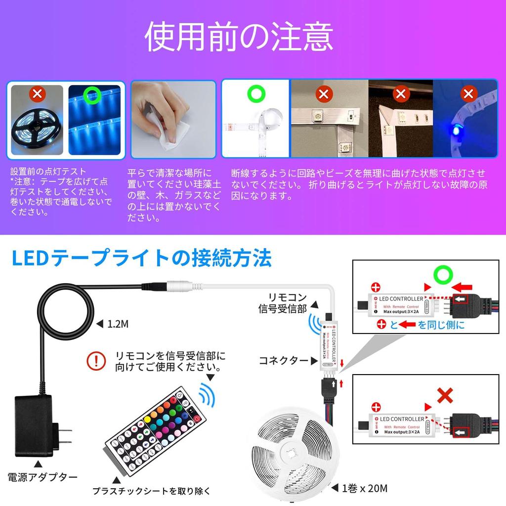 Светодиодная лента IKERY 20 м SMD5050 Высокая PSE Цветовая температура Непрямое освещение Легко Без инструментов Напряжение питания RGB, Двусторонняя лента, Яркость,