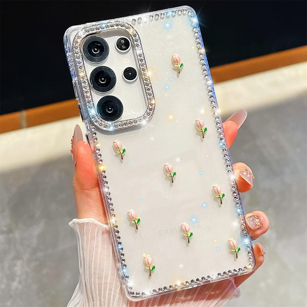Handmade Sparkly Diamond Tulip IMD Phone Case, Compatible with Samsung S23 Ultra/S24/S25 & A07/A15/A16/A17/A26/A35/A36/A55/A56