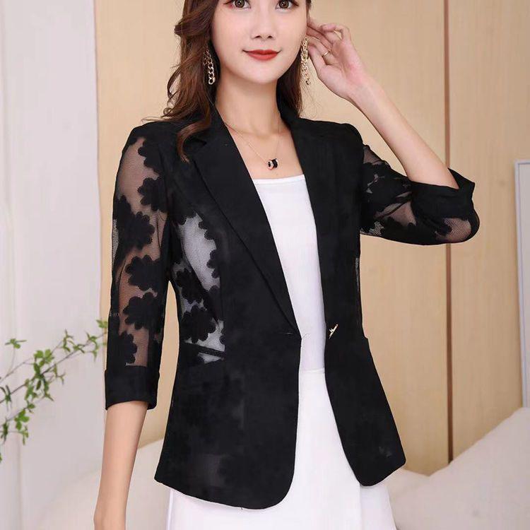 Suit Coat Women's Spring and Summer Fashion Lace Top 7/4 Sleeve Suit Sunscreen Shirt Casual Top