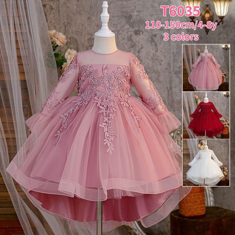 Girls Long Sleeve Tulle Ball Gown Dress Kids Wedding Party Prom 3-8 Years Old