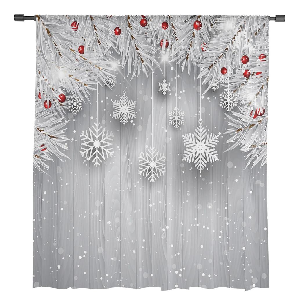 Рождественские сосновые иголки, снежинки, деревянная тюль-занавеска для гостиной, спальни, Рождественский декор, оконная вуаль, тюлевая занавеска