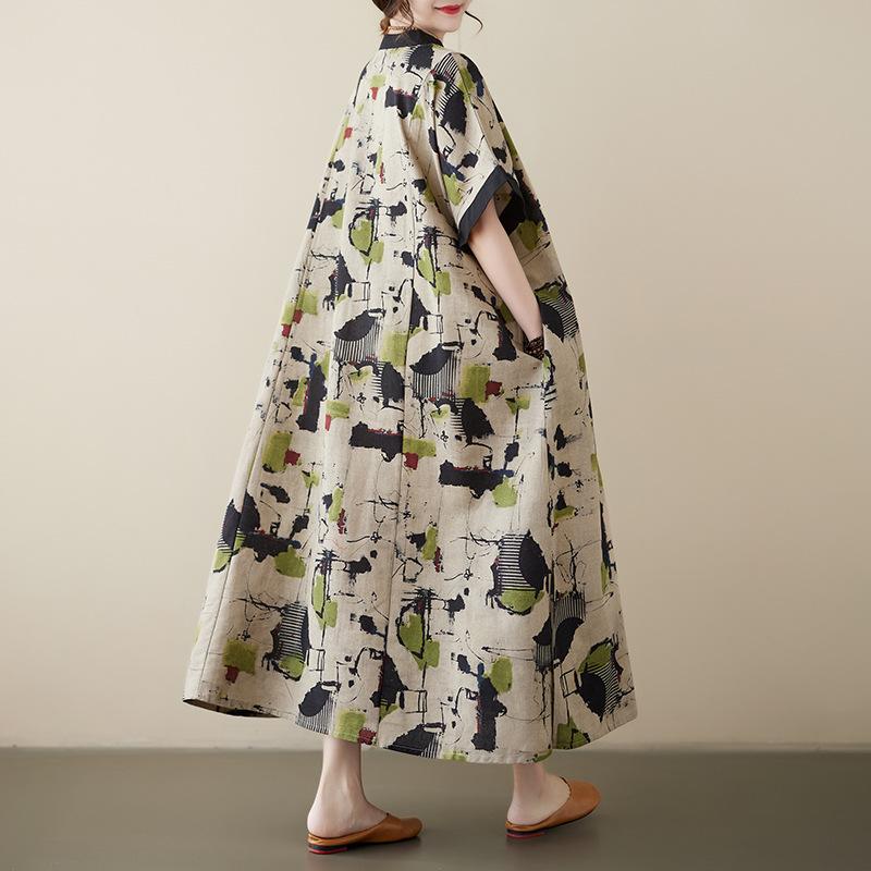 Летнее хлопковое льняное платье с V-образным вырезом, свободное, большого размера, в китайском стиле, ханьфу, улучшенное, средней длины, с короткими рукавами, для женщин, платья