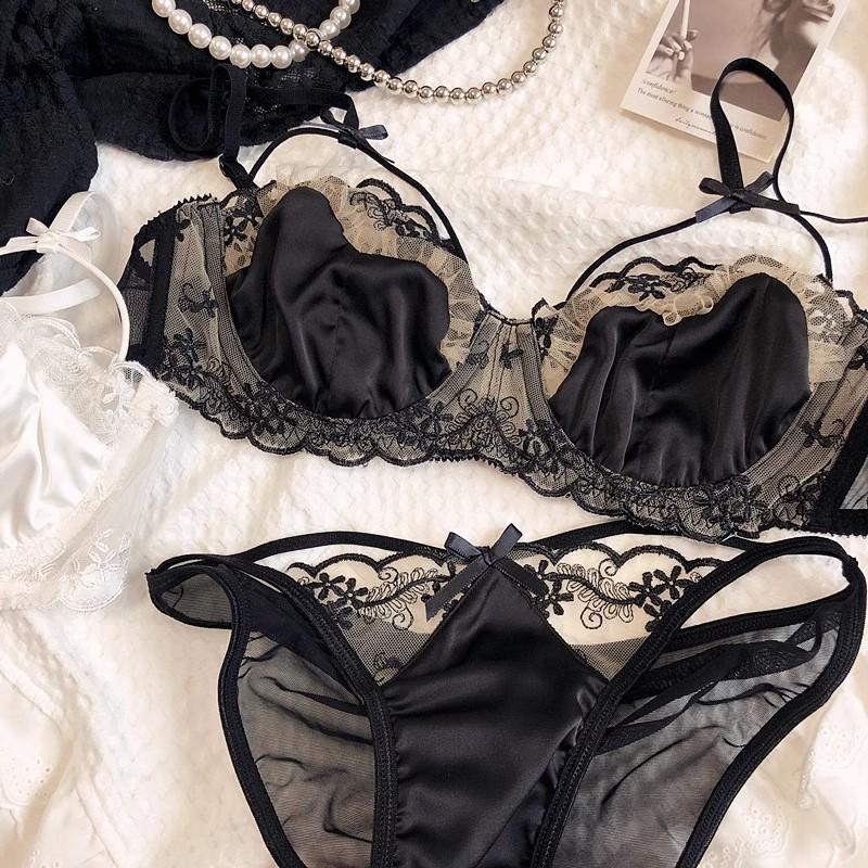 And Bra Women Thin Ultra Panties Set Underwire Brassiere Set Sexy Hollow Out Lingerie Set French Style Underwear Set Gathered Small Cup Bra Sets
