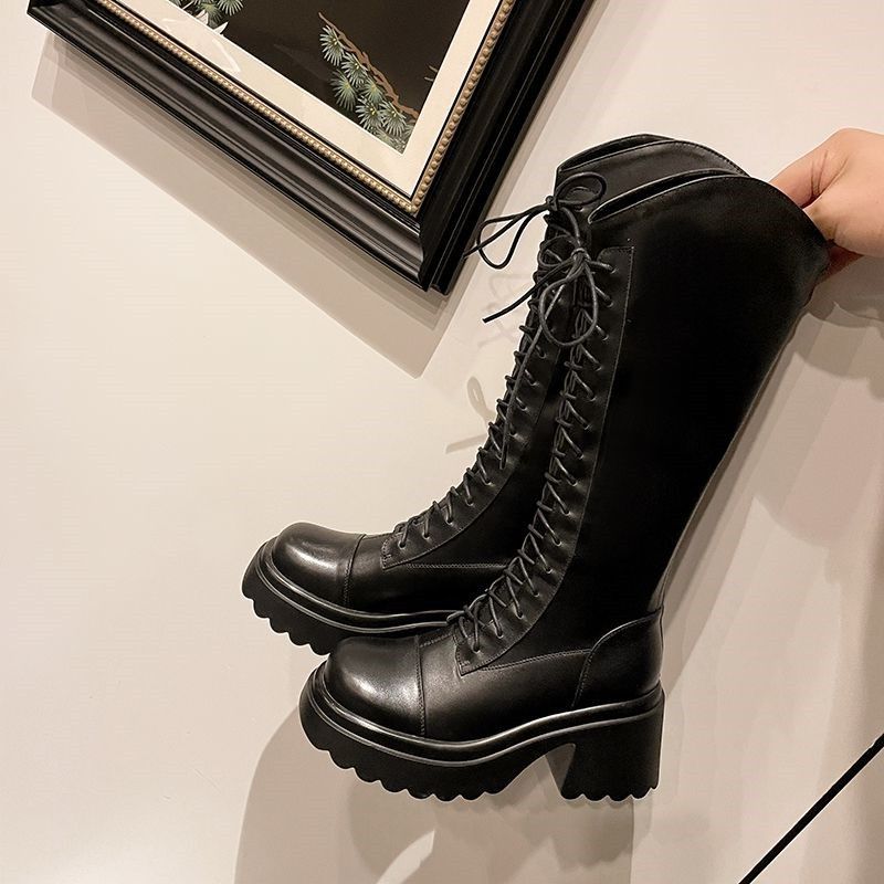 Платформенные сапоги с V-образным вырезом женские 2025 осень и зима тонкий толстый каблук высокие сапоги до колена универсальные сапоги в рыцарском стиле инс