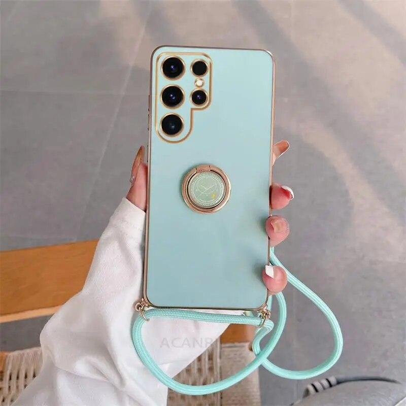 Ring Strap Cord Plating Holder Crossbody Lanyard Case For Samsung S24 S23 S22 Ultra S20 S21 Fe A14 A24 A34 A54 A13 A23 A33 A53 A32 A52redmi 12 13c