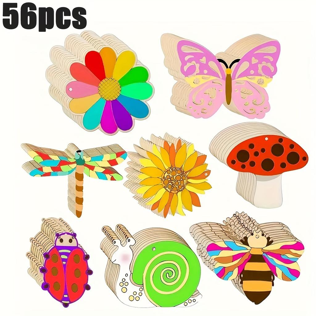 56-Piece "Exquisite Charm" Wooden Butterfly & Flower Paper Cut Set - Blank DIY Painting Crafts, Ideal for Home Decor