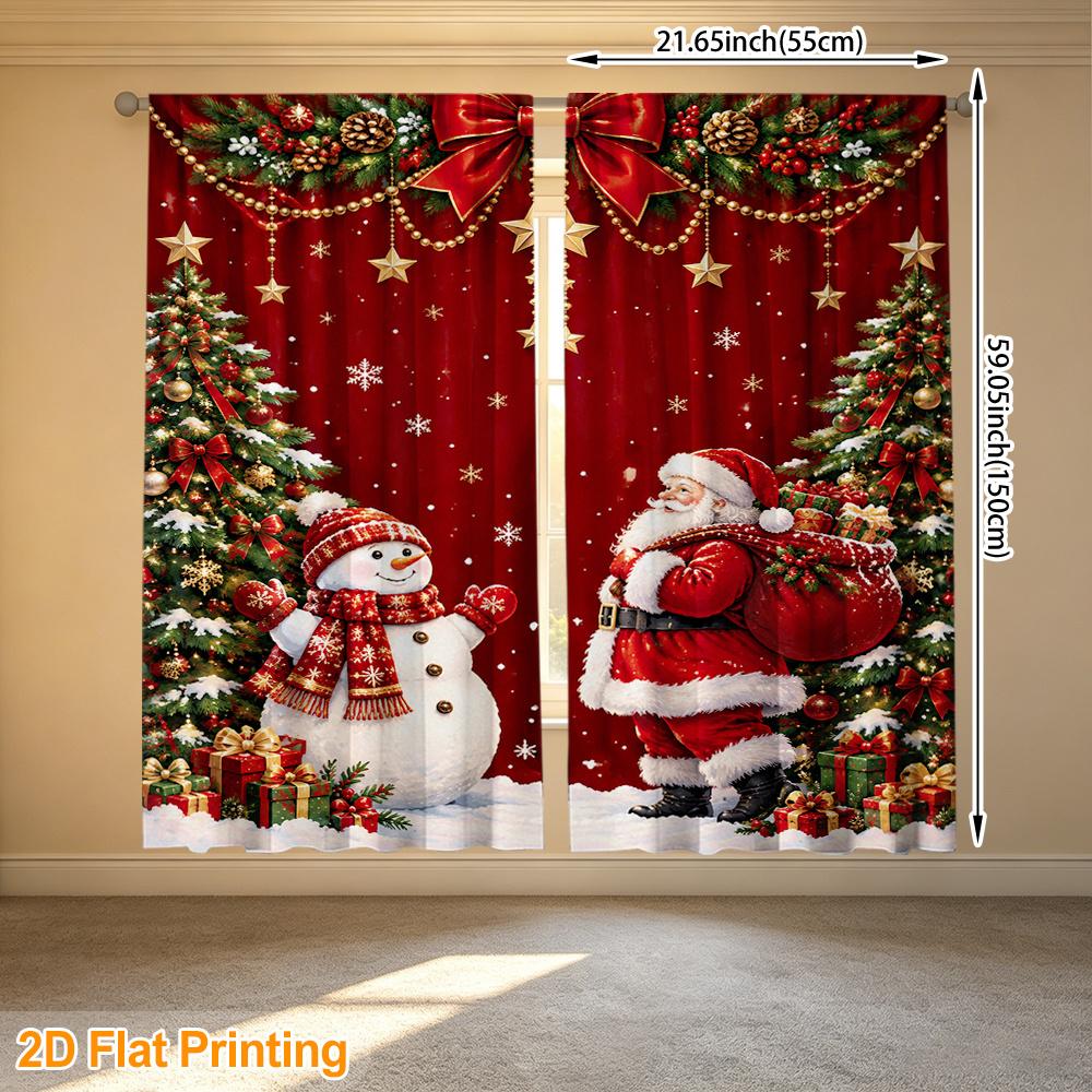 2pcs Santa Snowman Christmas Trees Print Polyester Curtain, Modern Window Drapes for Privacy and Light Control, Kitchen Bedroom Apartment Use Curtain