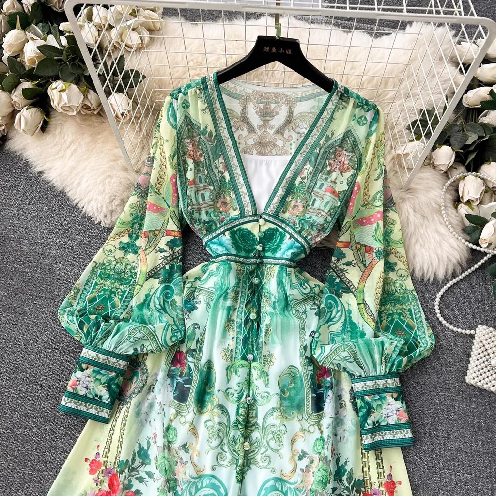 Летняя мода, роскошный дизайнерский винтажный шифон с принтом, праздничное пляжное платье, женское сексуальное платье с v-образным вырезом и рукавами-фонариками, эластичный пояс, длинный халат макси