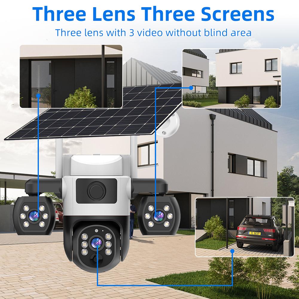 V380 Pro WiFi Солнечная Камера Уличная Тройная Линза PIR Детекция Человека Ночное Видение PTZ Беспроводные IP Камеры CCTV Защита Безопасности