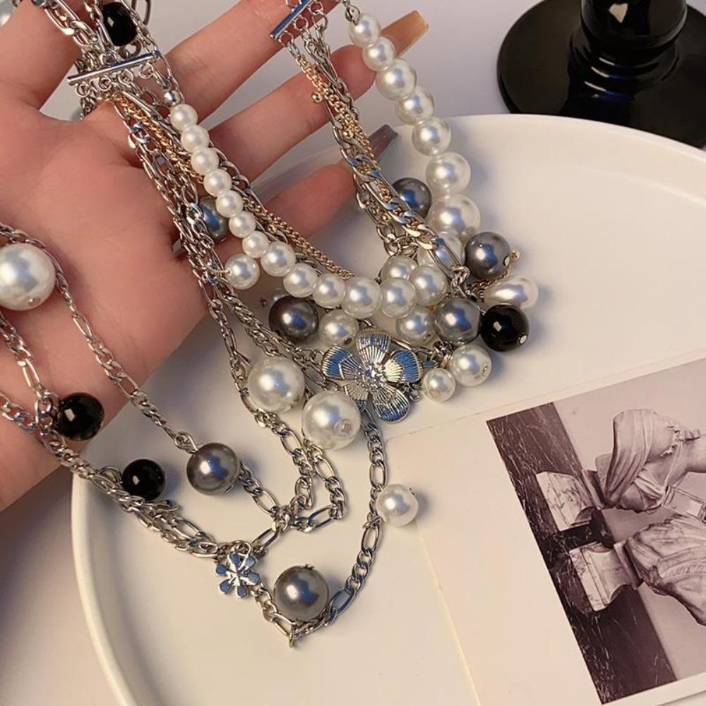 Choker Clavicle Chain Women Flowers Pendant Sweater Chain Pearl Multilayer Necklace Girls