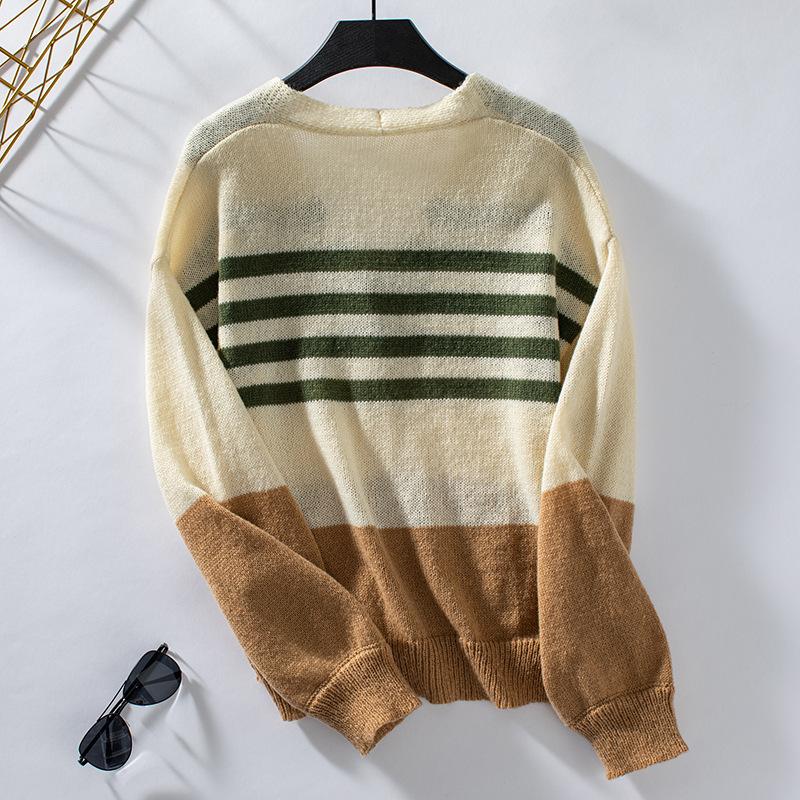 Striped Patchwork Cardigan Women's Sweater Autumn and Winter Clashing Colours Knitted Cardigan