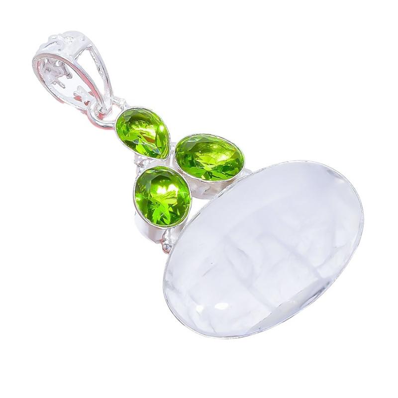 Rainbow Moonstone, Peridot Gemstone 925 Sterling Silver Jewelry Pendant 2.2" AH-3281
