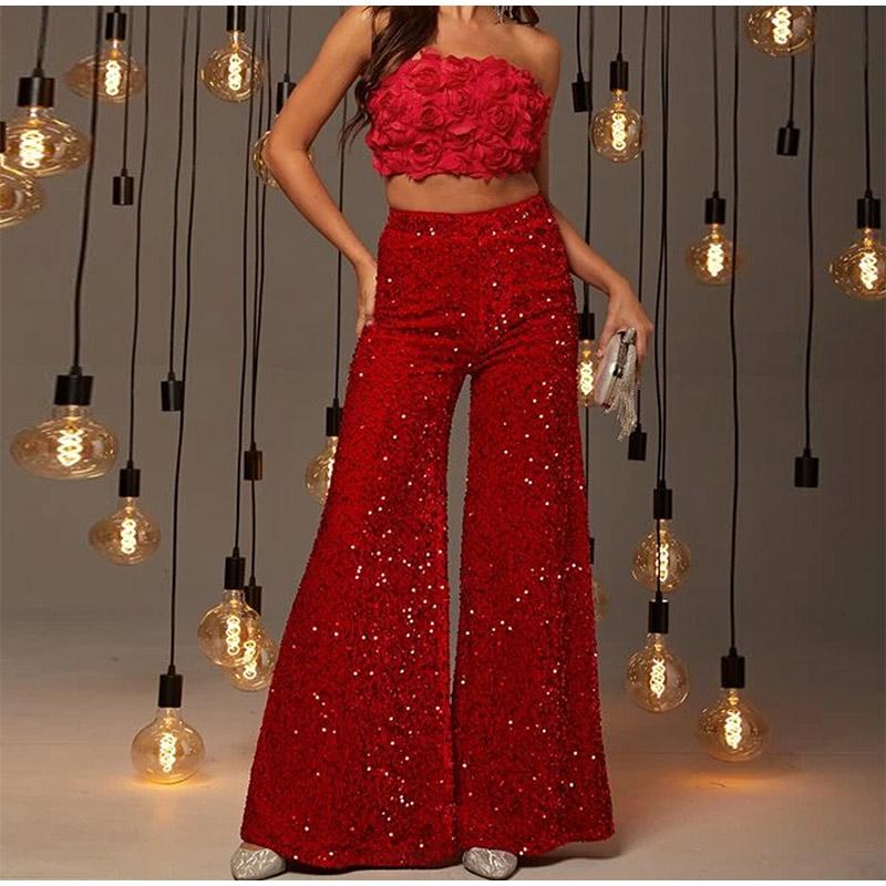 Sexy Women Nightclub Elastic High Waist Casual Loose Wide Leg Glitter Sequin Bell Bottom Pants 2025 New Female Party Trousers