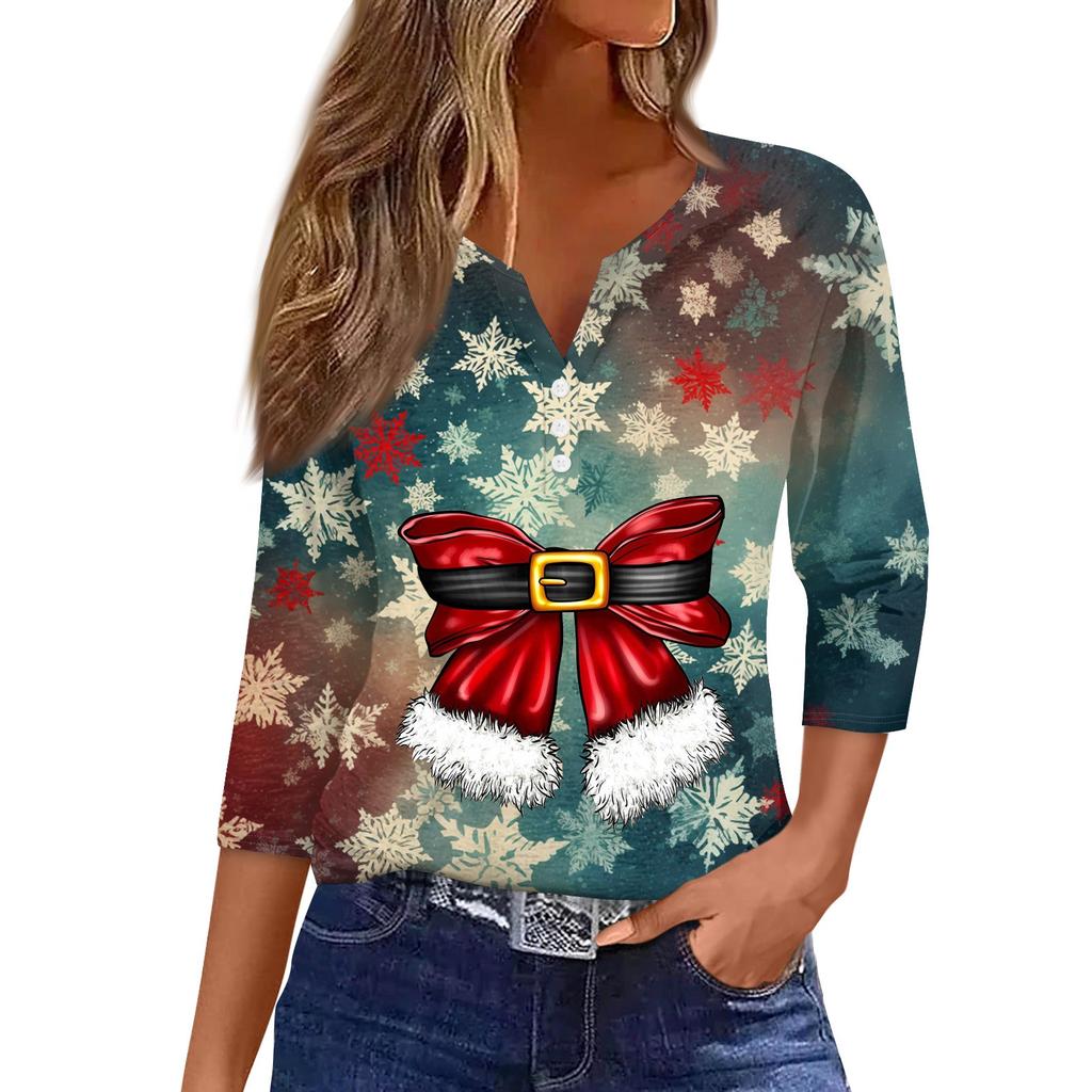 Женская рубашка с рукавом семь дюймов, напечатанная в стиле ретро, повседневная, свободная, с V-образным вырезом, рождественская