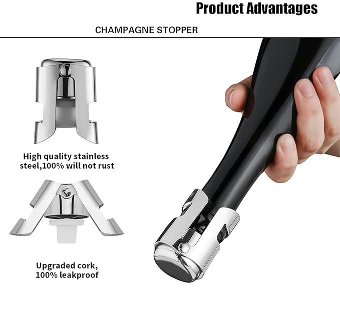 Leak-Proof Champagne Bottle Stoppers, Stainless Steel Reusable Wine Stoppers, Vacuum Sealer for Fresh Sparkling Wine