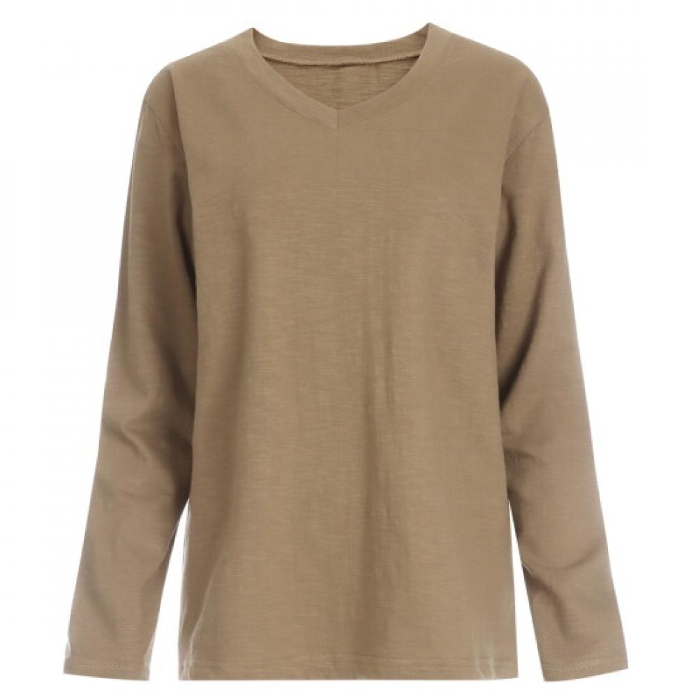 Shop Women Basic V Neck Slab CoTTon Long sleeVe T shirT Dai Wsh 1056 Dark Beig