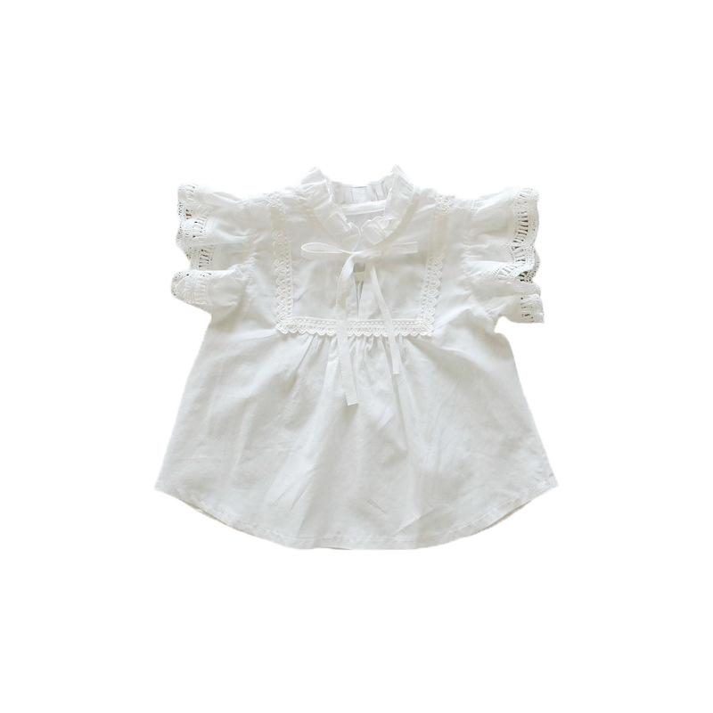 Летняя футболка для девочек с тонким кружевом и вышивкой, воротник-стойка, однотонная, дышащая, удобная футболка для детей среднего возраста