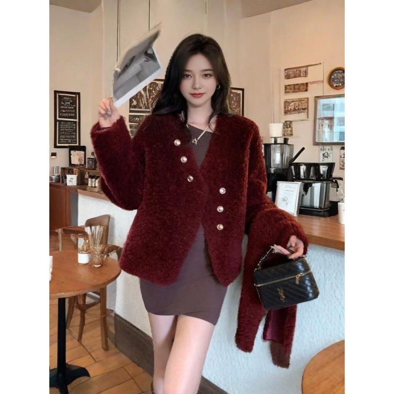 V-образный вырез шерсть зимняя стрижка овец мех интегрированный меховой верх шуба женская