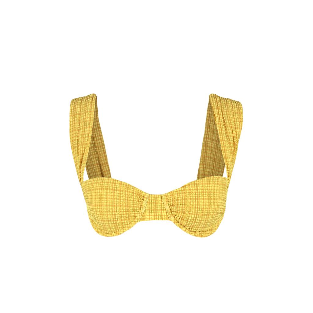 Жаккардовый текстурированный бикини-топ на косточках цвета экрю Tbess21bu0161