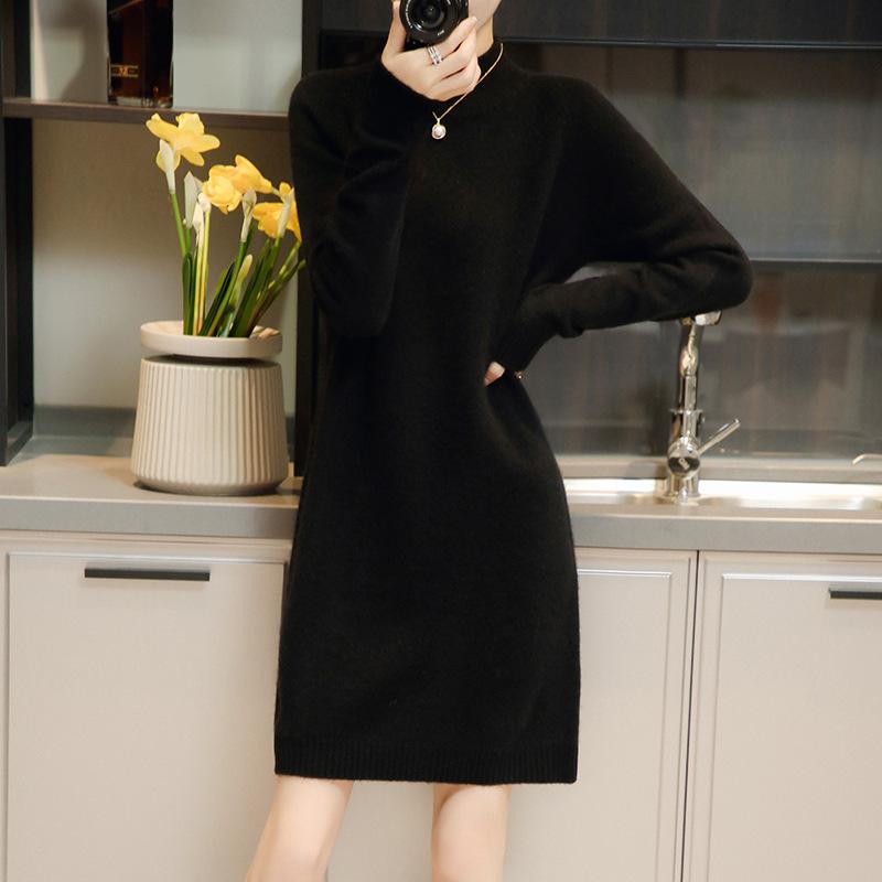 Свитер с полувысоким воротом Миди Однотонное Вязаное Платье для Женщин Повседневный Свободный Пуловер Осенне-Зимний Топ