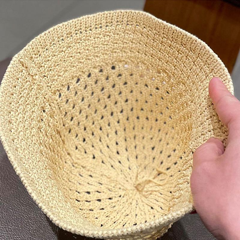 Solid Color Braid Bucket Hat For Women Summer Hollow Out Breathable Beach Hat Knit Dome Fisherman Caps Lady Sunshade Panama Cap