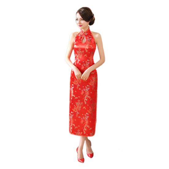 Women Summer Cheongsam Stand Collar Printing Off Shoulder Backless Split Hem Hollow Out Sleeveless Qipao Slim Fit Retro