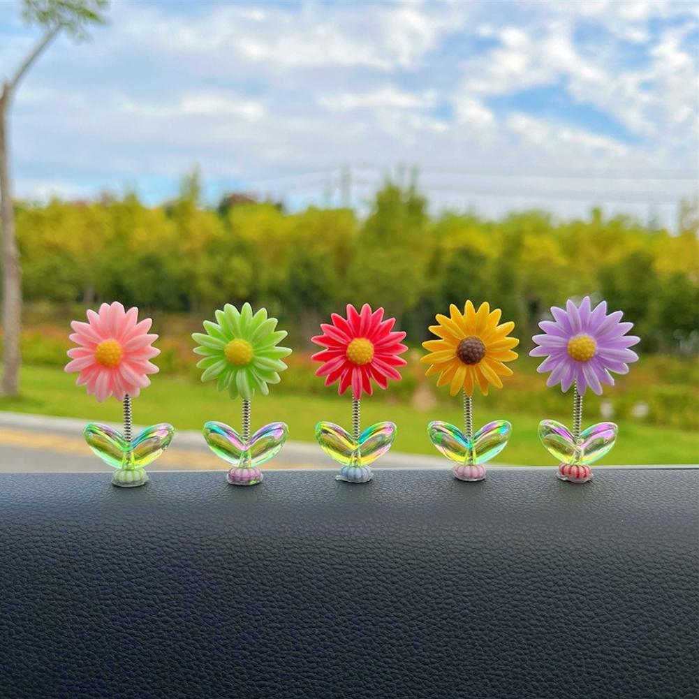 5Pcs Cartoon Car Interior Shaking Head Sunflowers Ornament Decoration with Spring Shake Head Decor Double-sided Tape