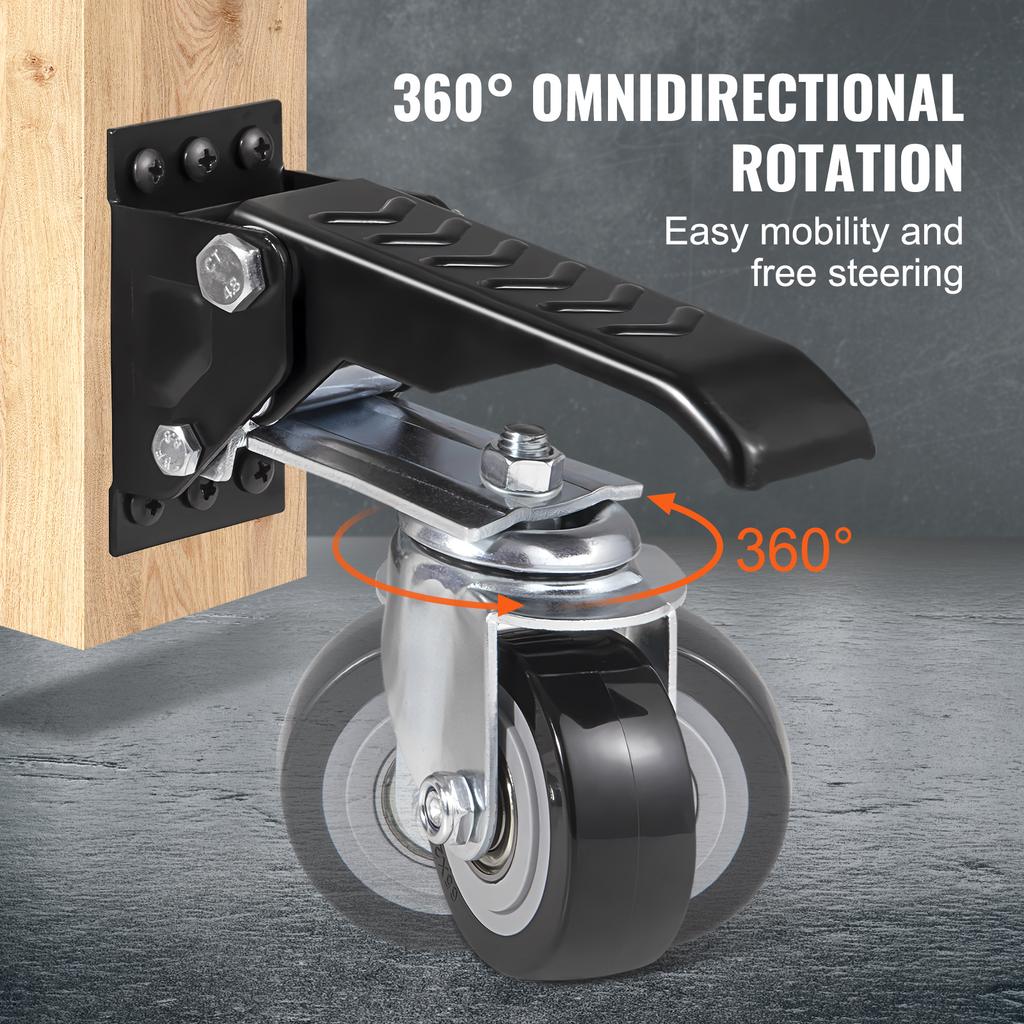 SucceBuy 2.5" Set of 4 Workbench Caster Wheels Side Mounted Retractable Stepdown Wheel 360° Swivel for Tables and Equipment