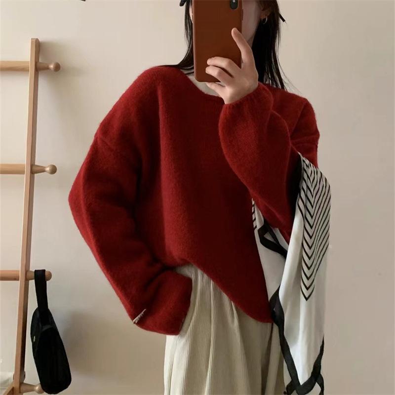 Lazy Wind Knitted Sweater Women's Autumn and Winter New Loose Pullover Gentle Temperament Solid Color Versatile Top
