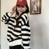 Повседневная полосатая толстовка с темно-синим воротником, женская осенняя корейская версия, дизайнерская свободная пуловерная рубашка большого размера с длинным рукавом, оригинальные женские топы
