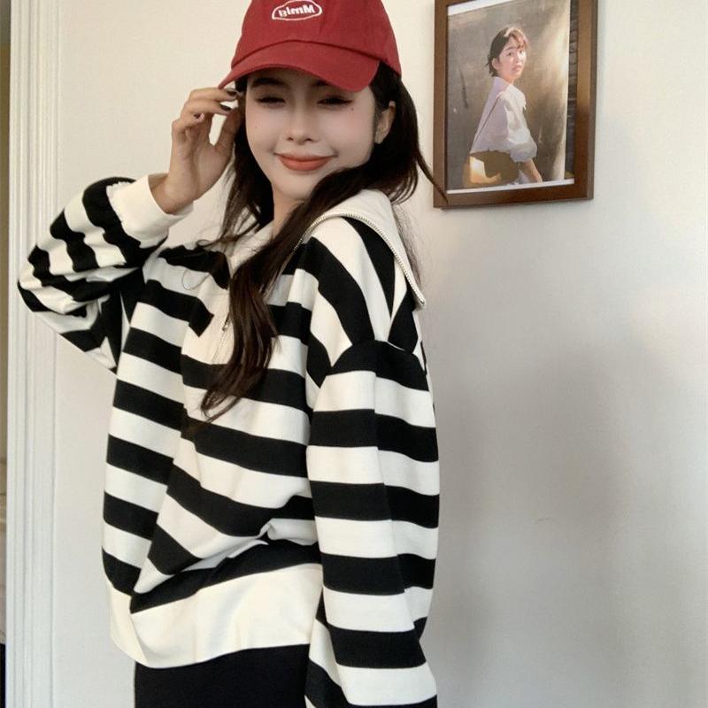 Повседневная полосатая толстовка с темно-синим воротником, женская осенняя корейская версия, дизайнерская свободная пуловерная рубашка большого размера с длинным рукавом, оригинальные женские топы